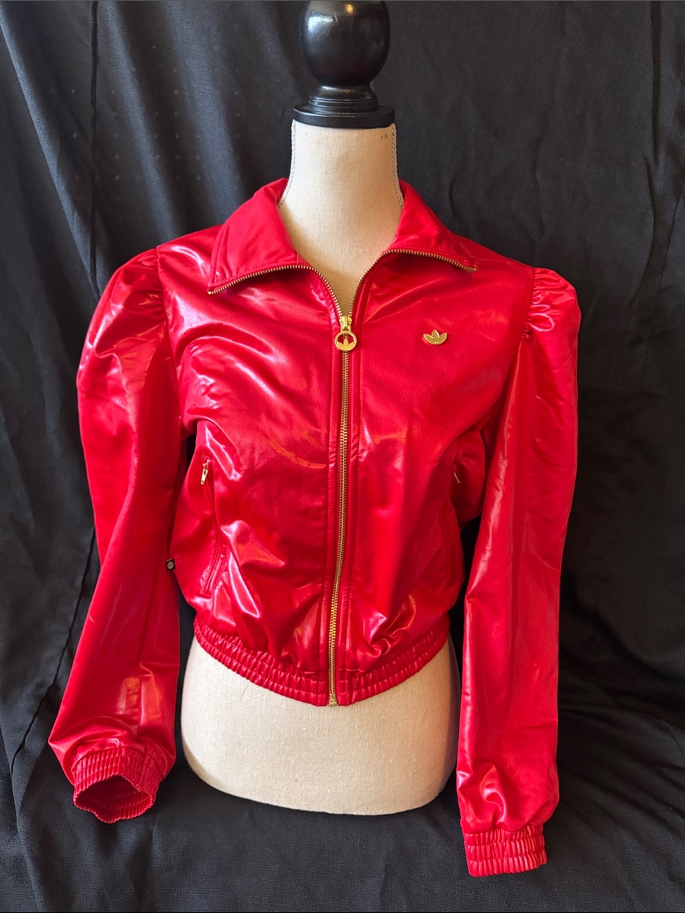 adidas Red Glossy Zip Bomber Jacket with Gold Accents